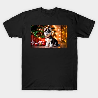 Husky Puppy Dog with Christmas Gifts T-Shirt